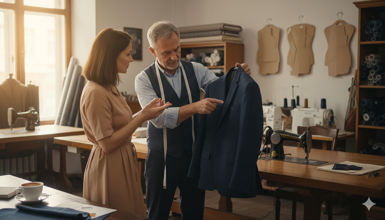 Tailor consulting with client about garment alterations